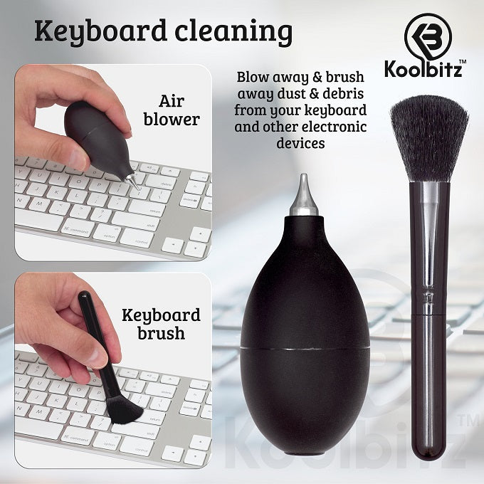 Using air blower on keyboard, keyboard brush wiping keyboard, large image of blower and brush