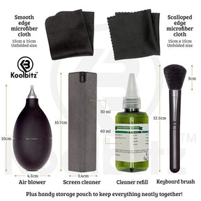 Two black microfiber cloths, sizing of air blower, grey screen cleaner, refill bottle and black keyboard brush.
