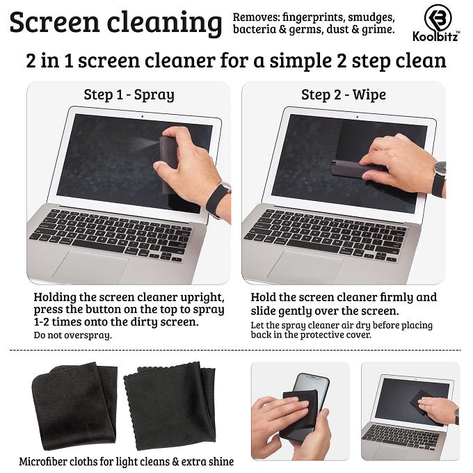 Spraying cleaner mist on dirty laptop screen, and wiping screen clean with the 2-in-1 screen cleaner. The two black microfiber clothes can be used for light cleans and extra shine on phone and laptop screens.