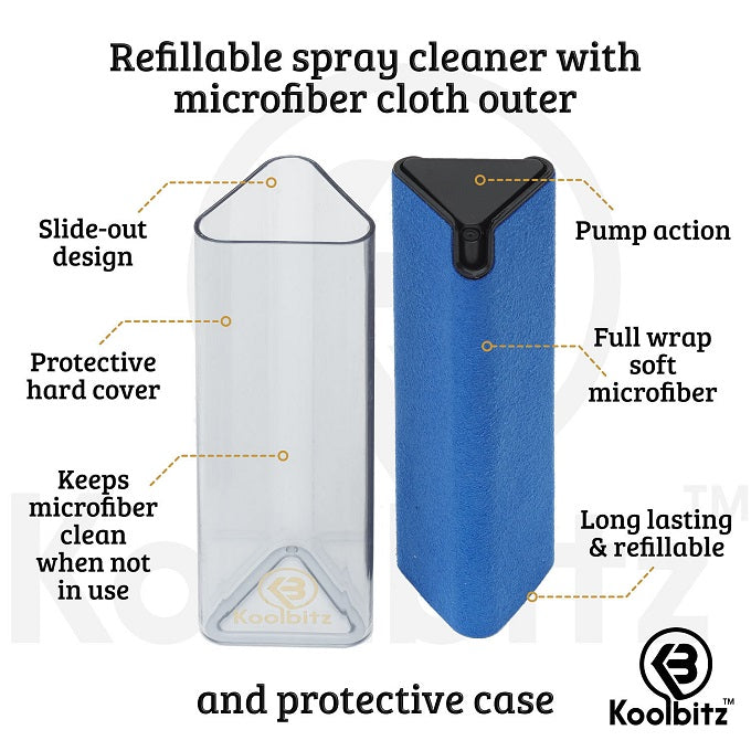 Refillable blue screen cleaner next to protective cover, with list of features including pump action, full wrap soft microfiber, long lasting and refillable
