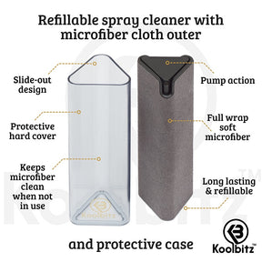 Refillable spray cleaner with microfiber cloth outer. Shows grey screen cleaner next to protective case.