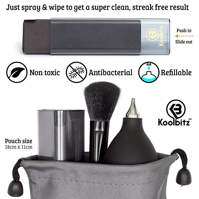 Grey screen cleaner partially out of protective cover, non toxic, antibacterial and refillable, sitting above image of screen cleaner, brush and blower in side velvet pouch.